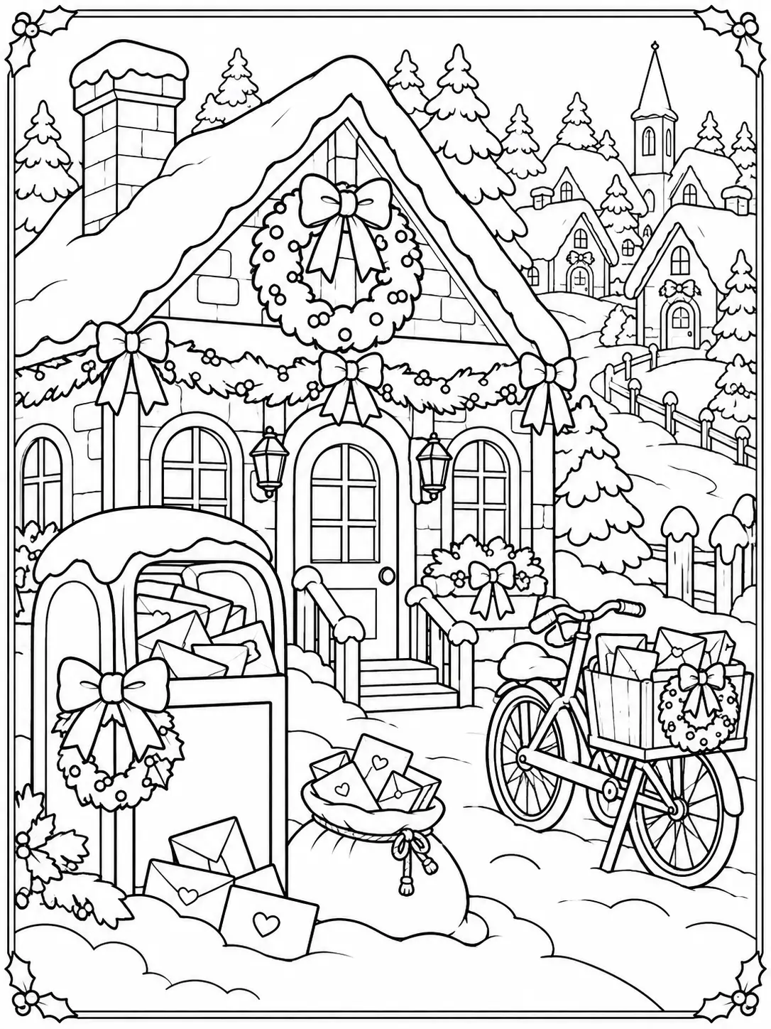 Christmas village post office with a mailbox full of letters, a mail sack, and delivery bicycle