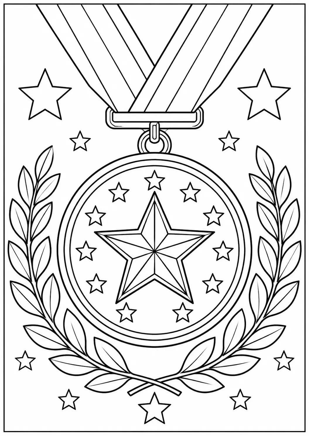 Military medal decorated with stars and laurel branches coloring page