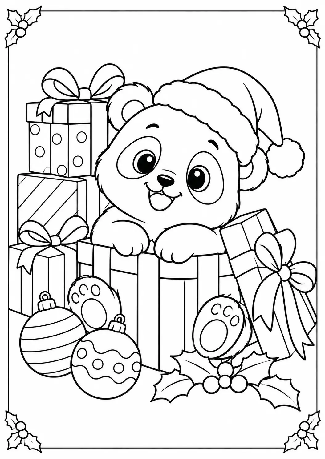 Smiling panda wearing Santa hat peeking from a present box coloring page