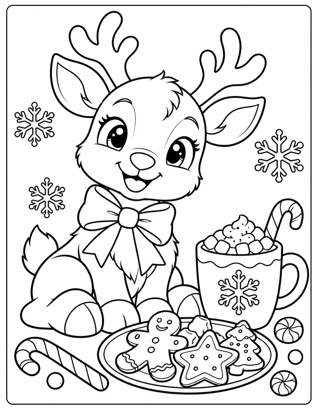 Cute reindeer beside Christmas cookies and hot cocoa coloring page