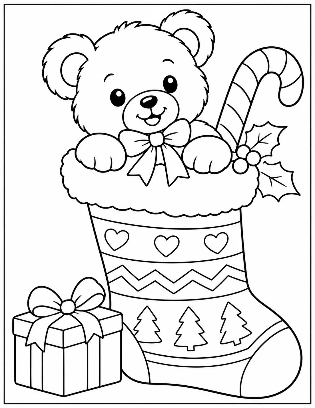 Teddy bear peeking out of a Christmas stocking beside a wrapped present coloring page