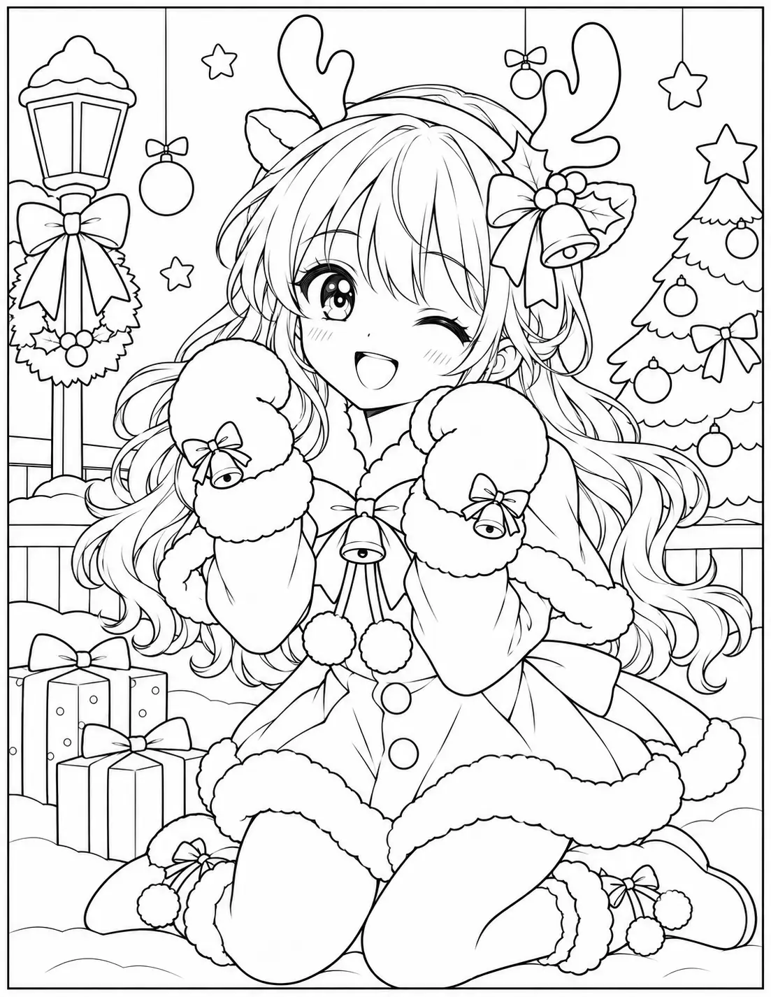 Anime girl wearing reindeer antlers and winter mittens coloring page