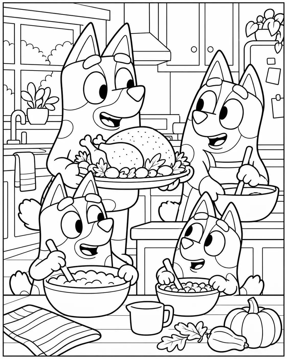 Heeler family cooking Thanksgiving dinner coloring page