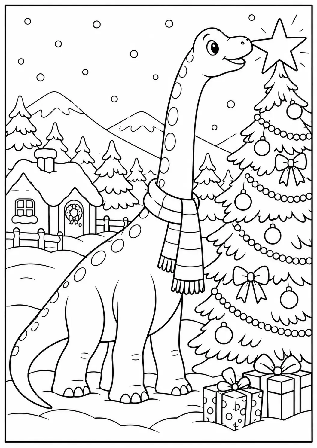 Long-necked Brachiosaurus wearing a scarf beside a Christmas tree star coloring page