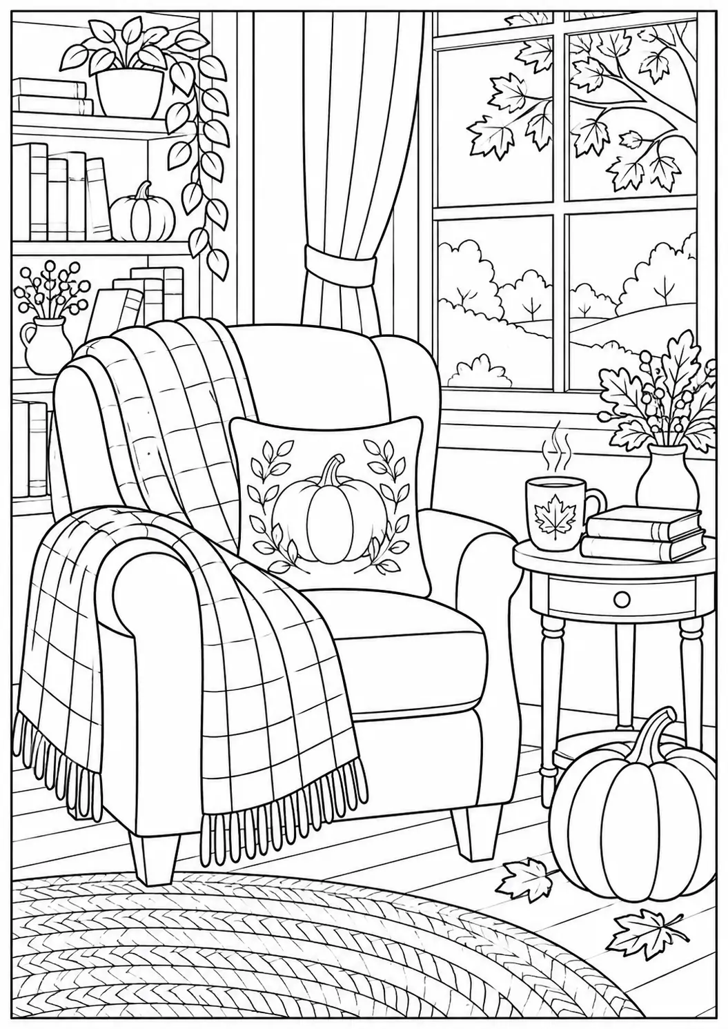 Cozy fall reading corner adult Thanksgiving coloring page