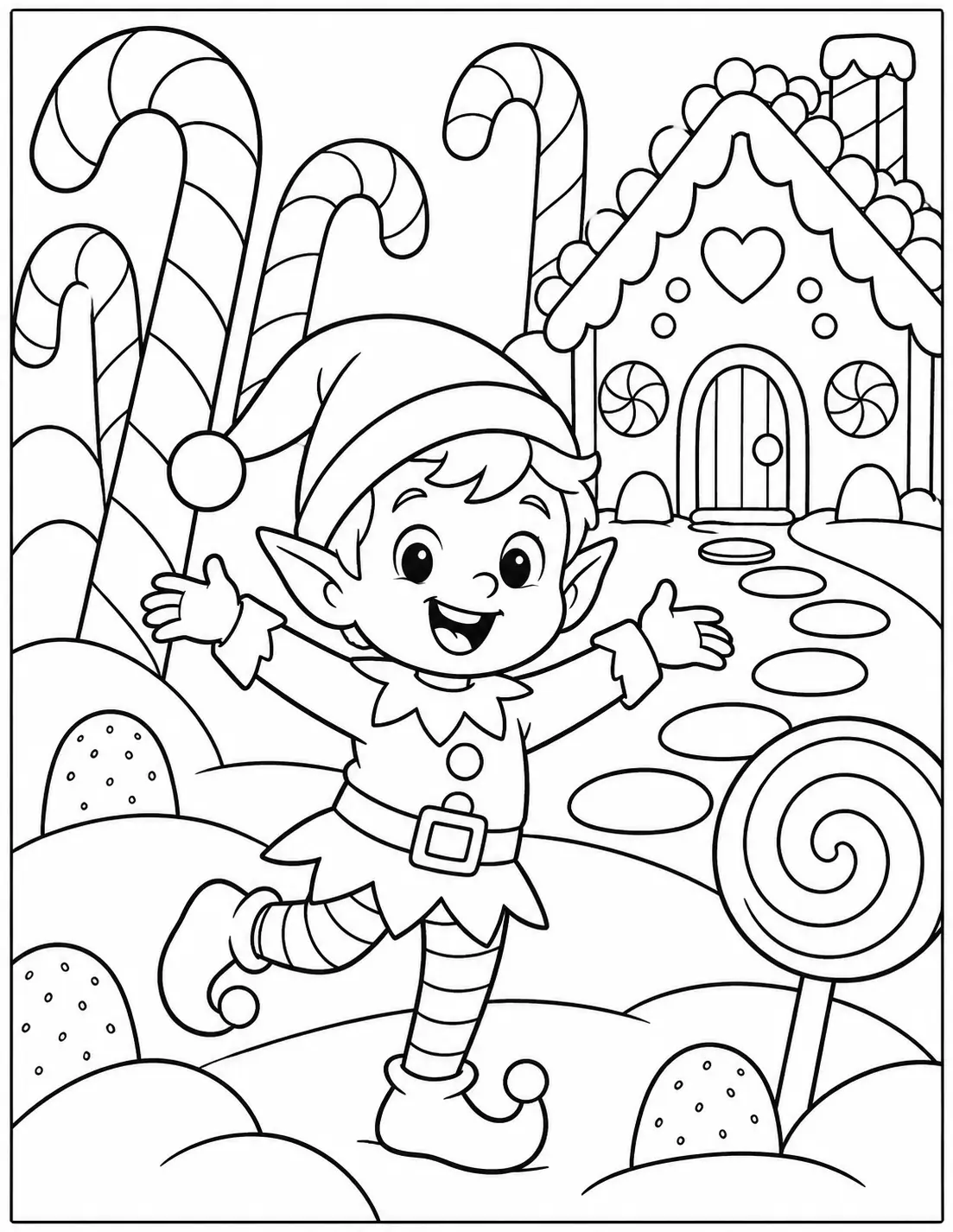 Happy Christmas elf surrounded by candy canes and a gingerbread house coloring page