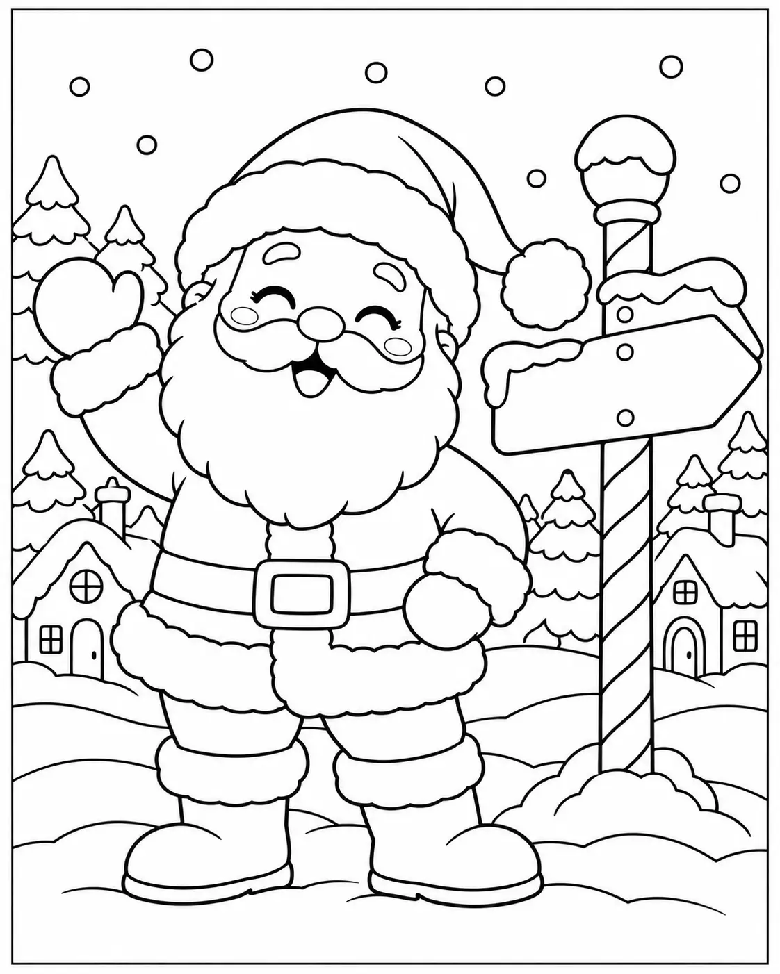 Santa Claus waving beside a North Pole sign in the snow coloring page