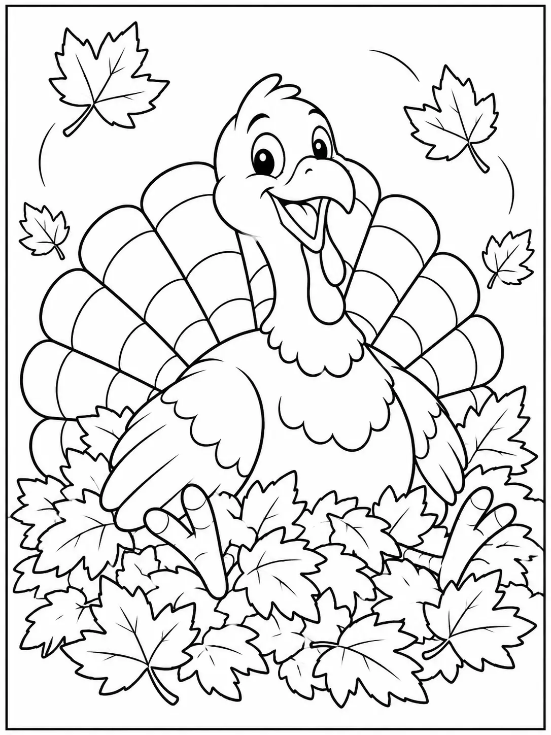 Turkey in a leaf pile coloring page