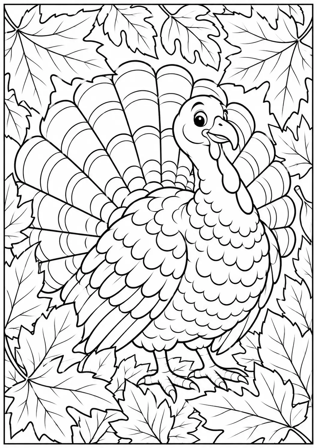 Turkey with fall leaves Thanksgiving coloring page