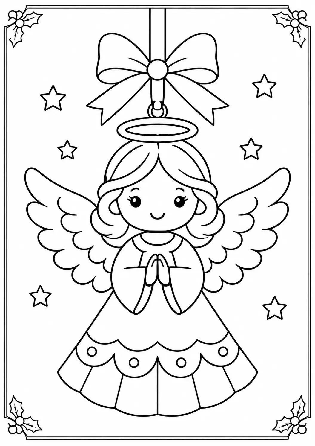 Smiling Christmas angel with wings, halo and flowing dress ornament coloring page