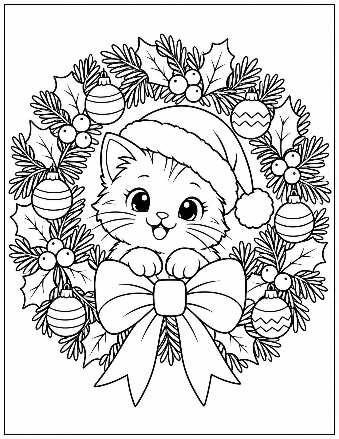 Cute kitten in a Santa hat peeking from a Christmas wreath coloring page