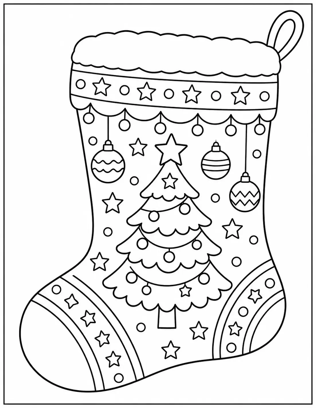 Christmas tree decorated with baubles and stars on a Christmas stocking coloring page