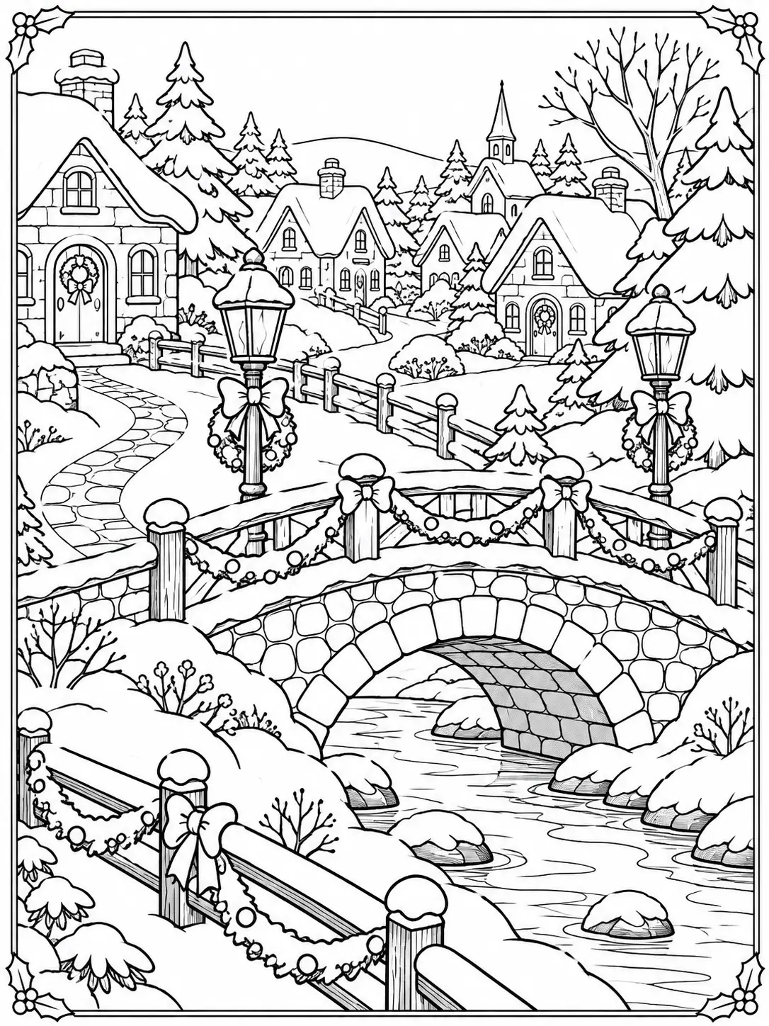 Stone bridge across a snowy Christmas village stream with garlands, lanterns, and cottages