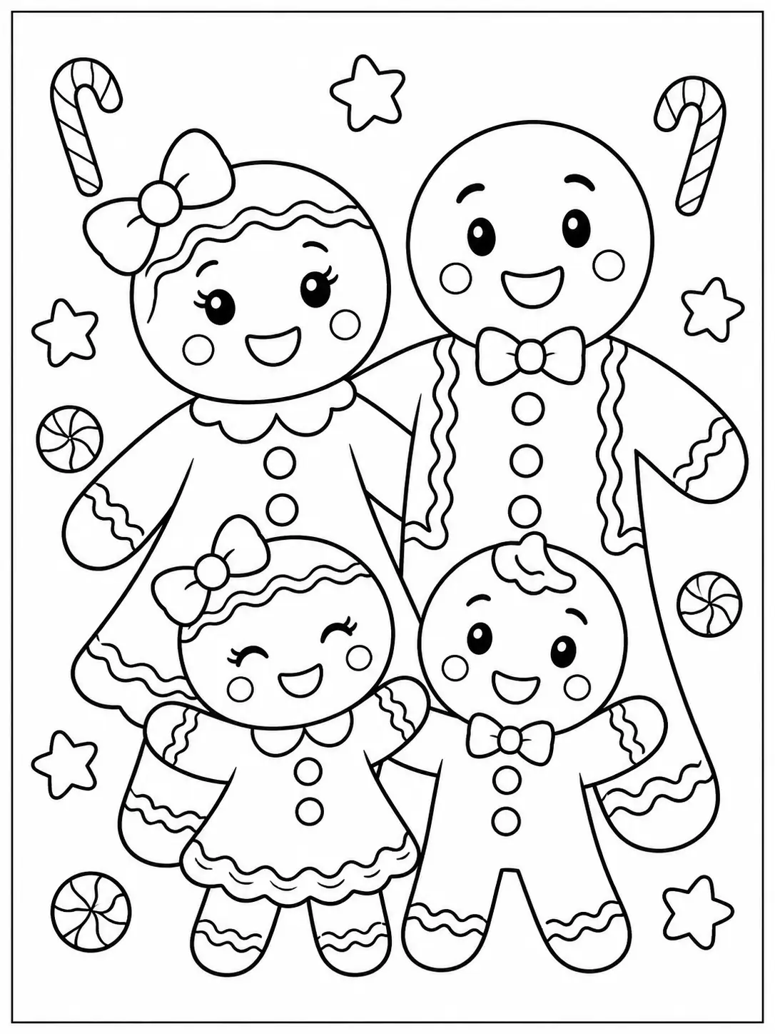 Gingerbread family with two parents and two children coloring page