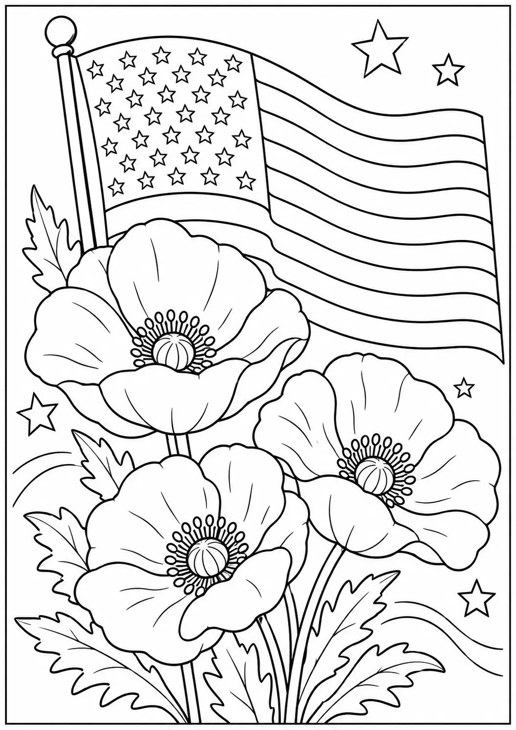 Three large poppy flowers beside a waving American flag coloring page