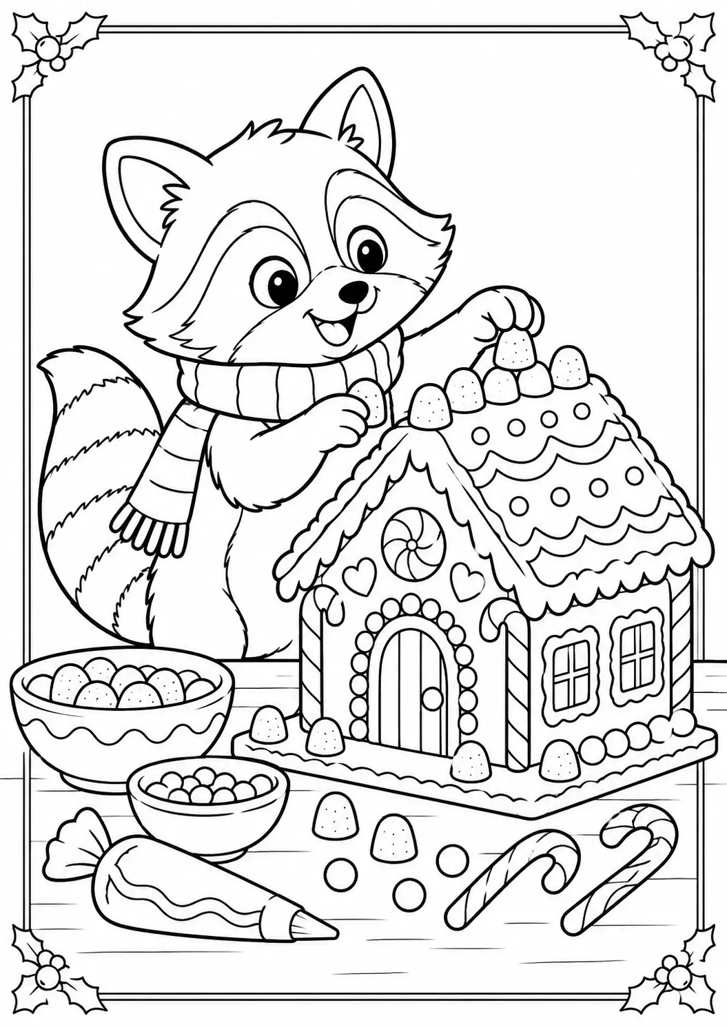Raccoon decorating a gingerbread house with candy decorations coloring page