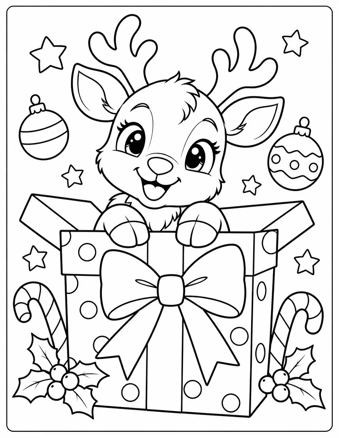 Baby reindeer peeking out of an open Christmas present box coloring page