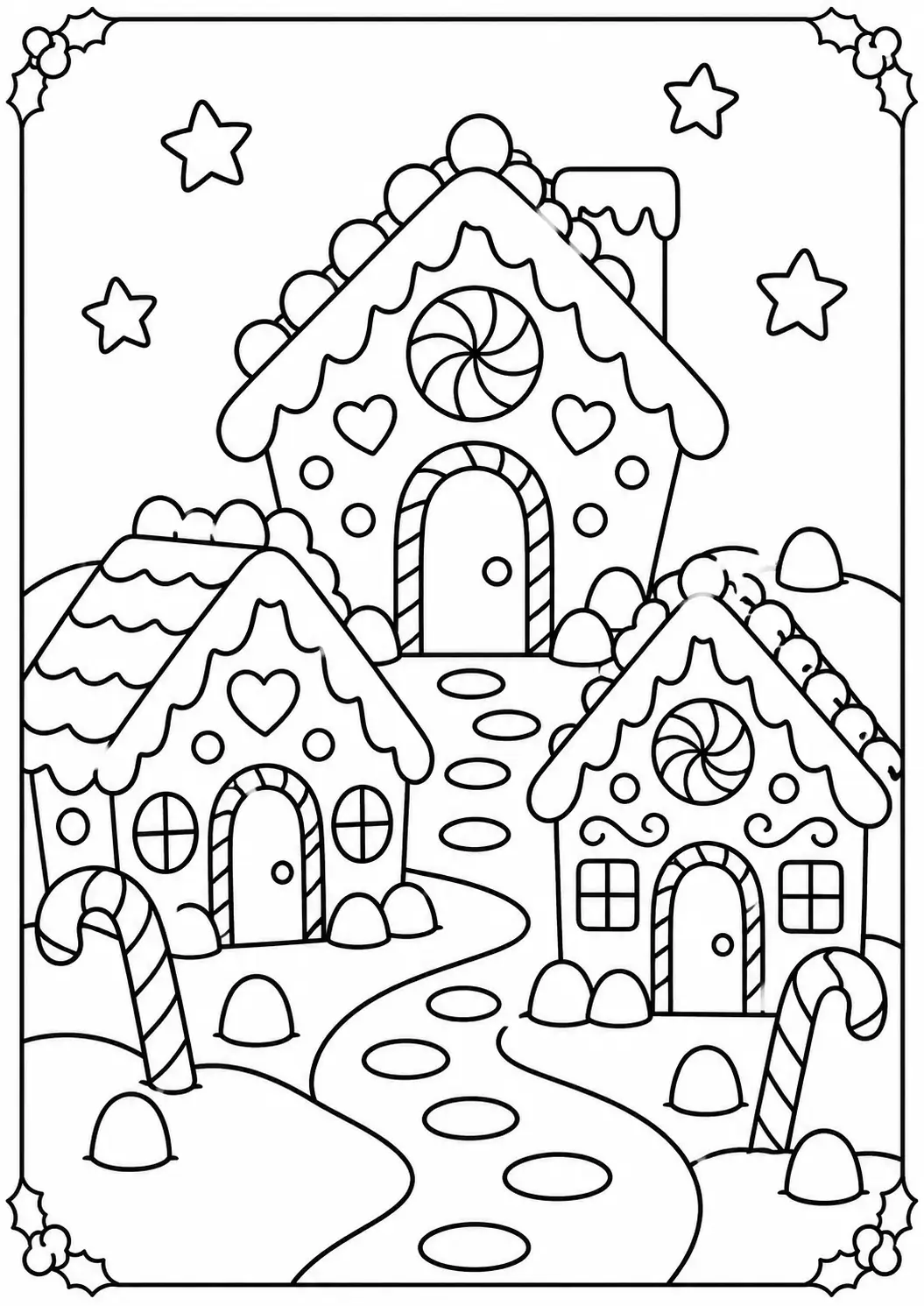 Village of three gingerbread houses with frosting rooftops and candy canes coloring page