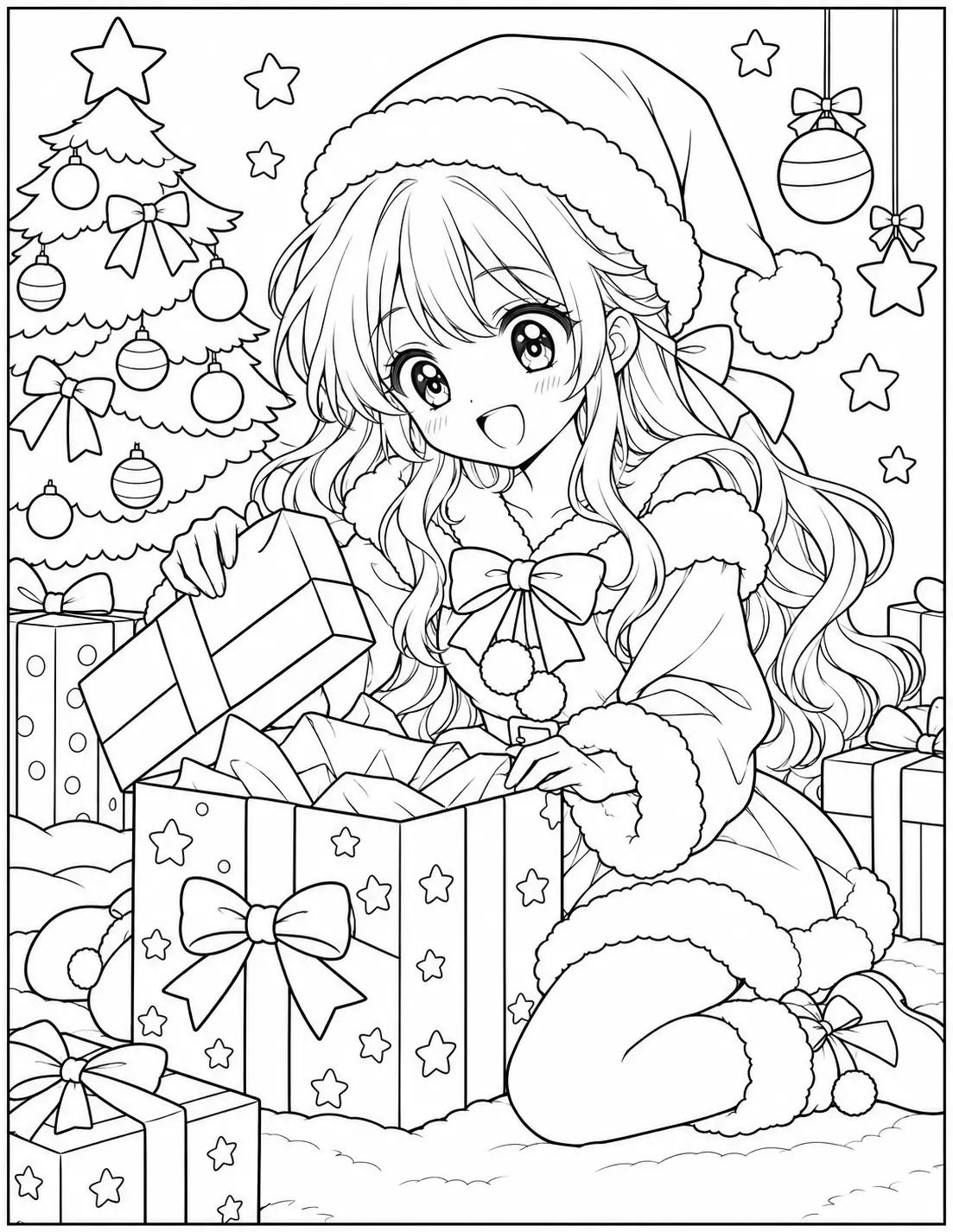 Anime girl opening a large Christmas present beside a tree coloring page