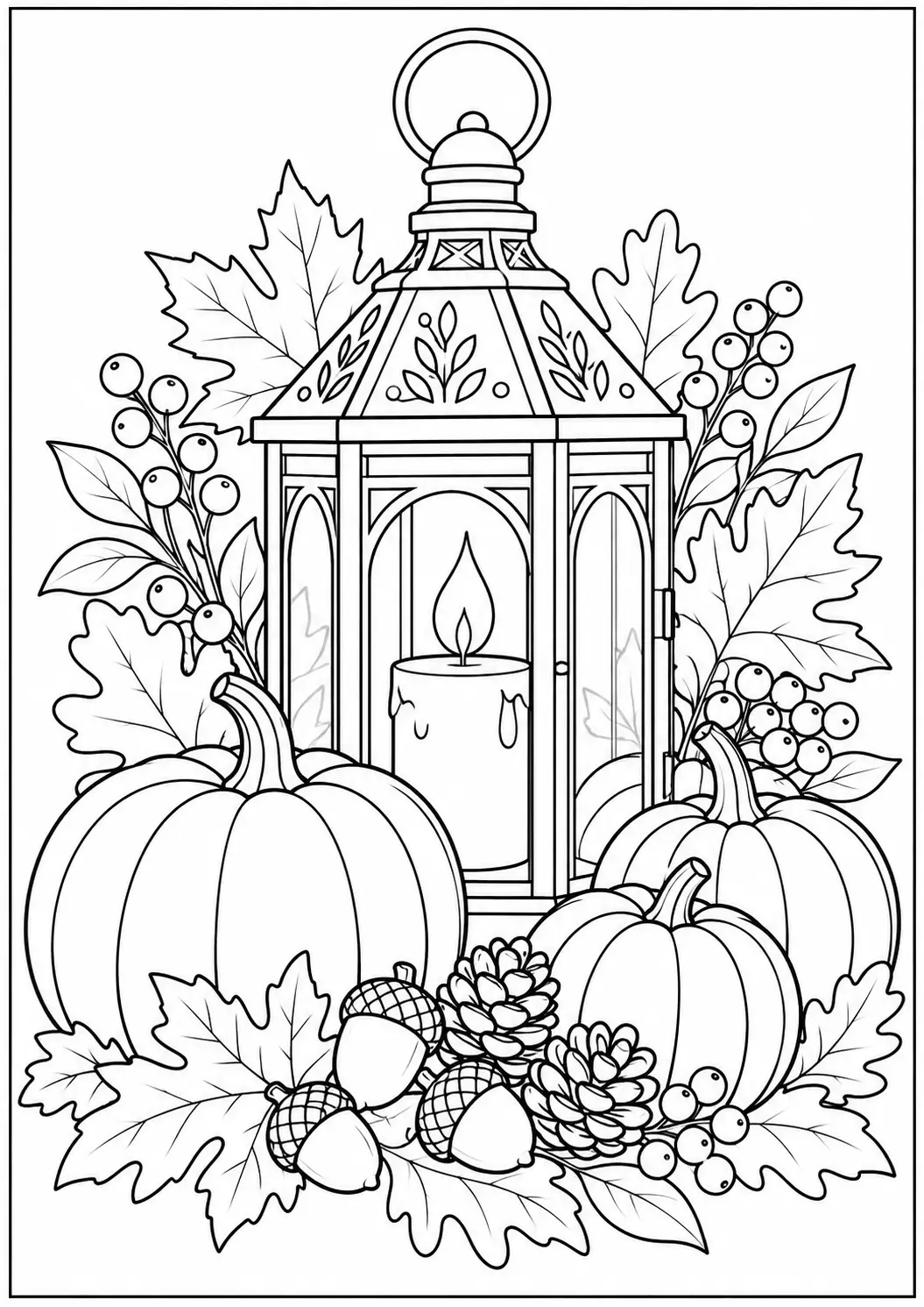 Autumn lantern and pumpkins adult Thanksgiving coloring page