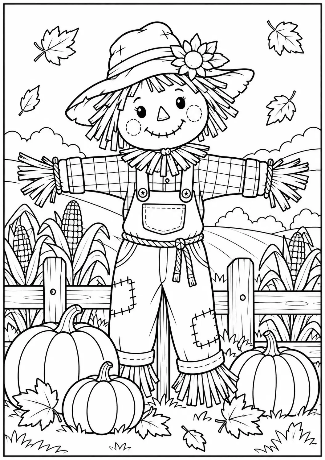 Autumn scarecrow Thanksgiving coloring page