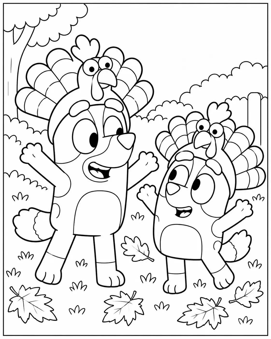 Bluey and Bingo wearing turkey hats coloring page