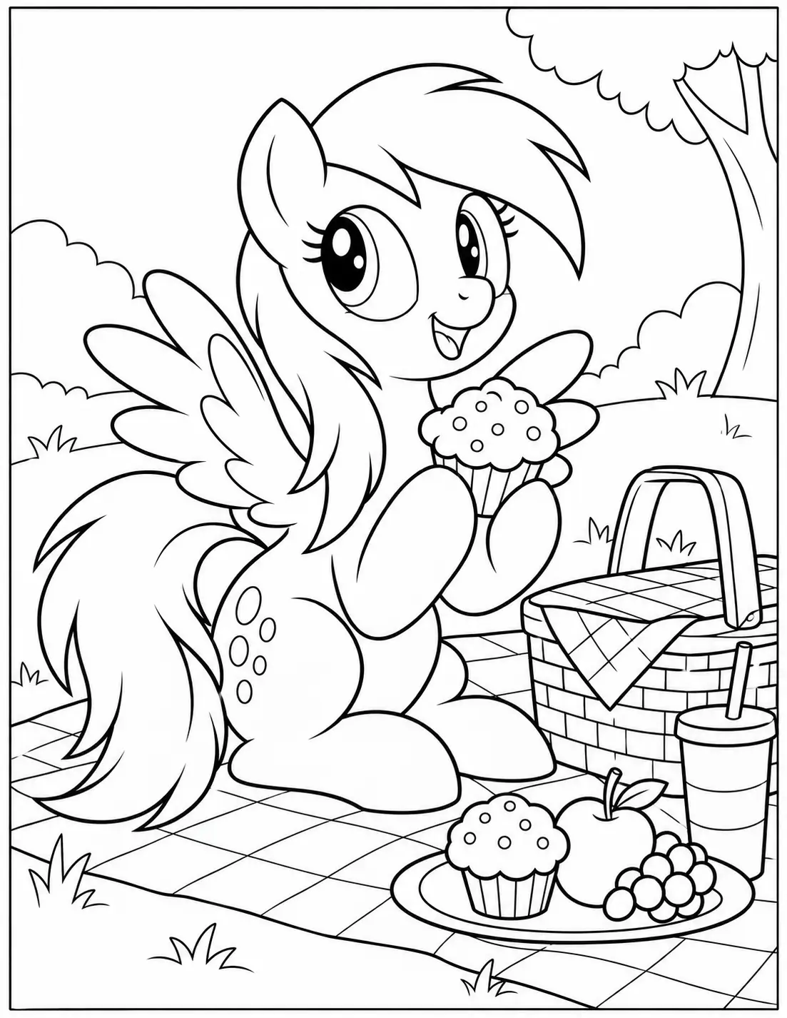 Derpy Hooves having a picnic with muffins and fruit coloring page