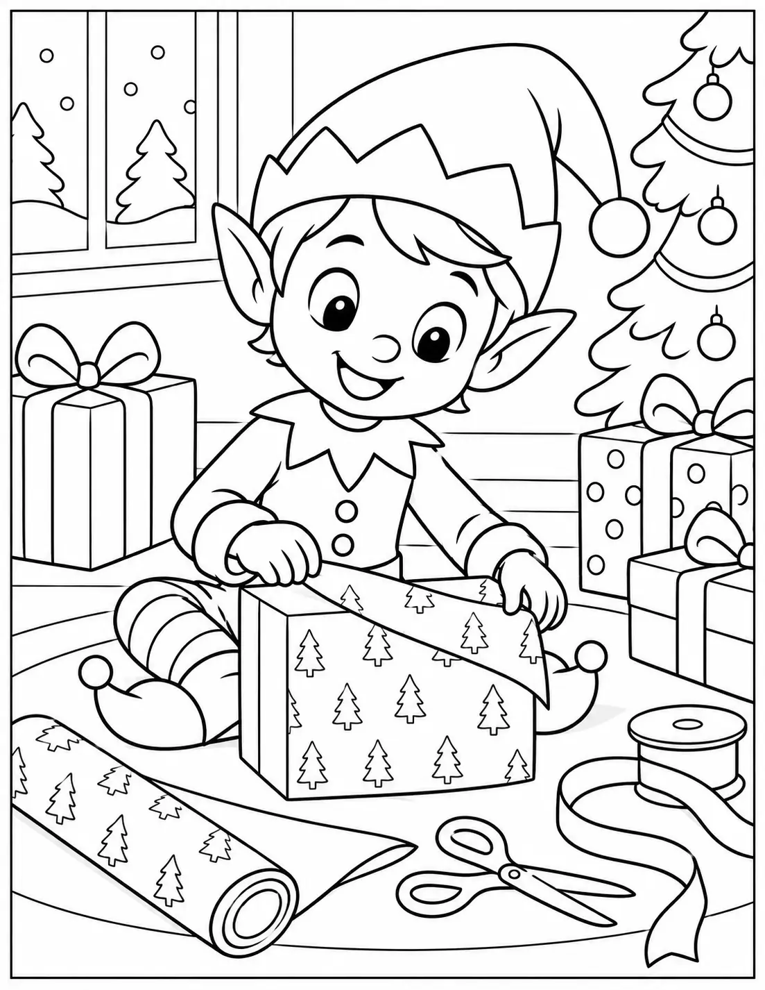 Christmas elf sitting on the floor wrapping a present coloring page