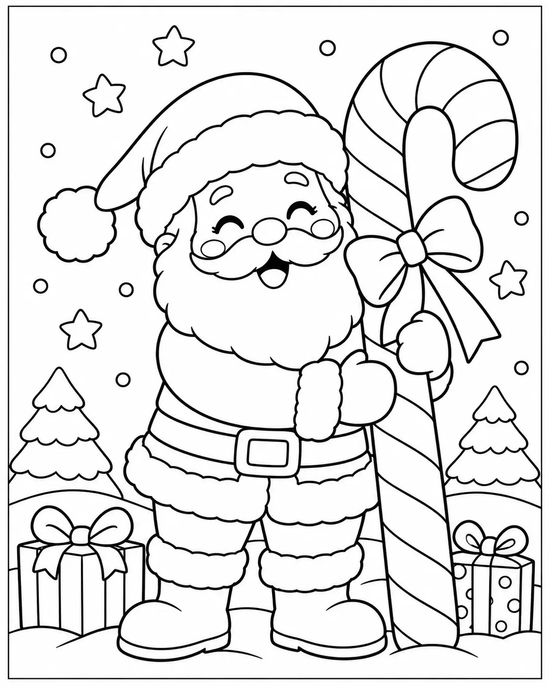 Santa Claus holding a giant striped candy cane with a bow coloring page