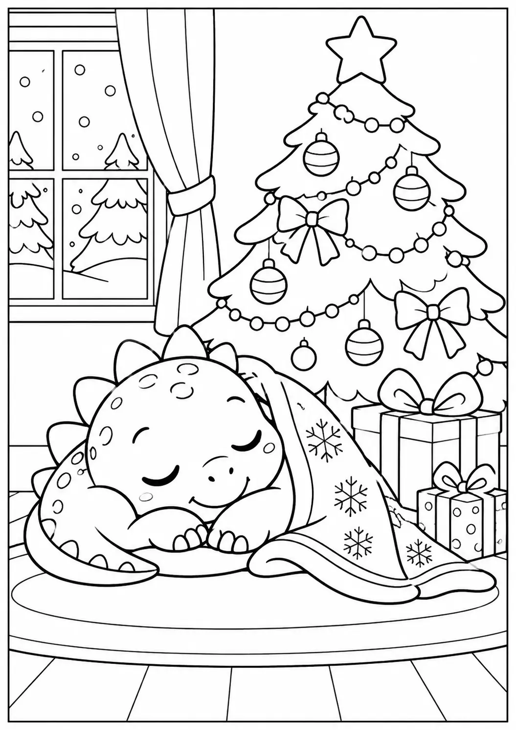 Sleeping baby dinosaur under a blanket beside a decorated Christmas tree coloring page