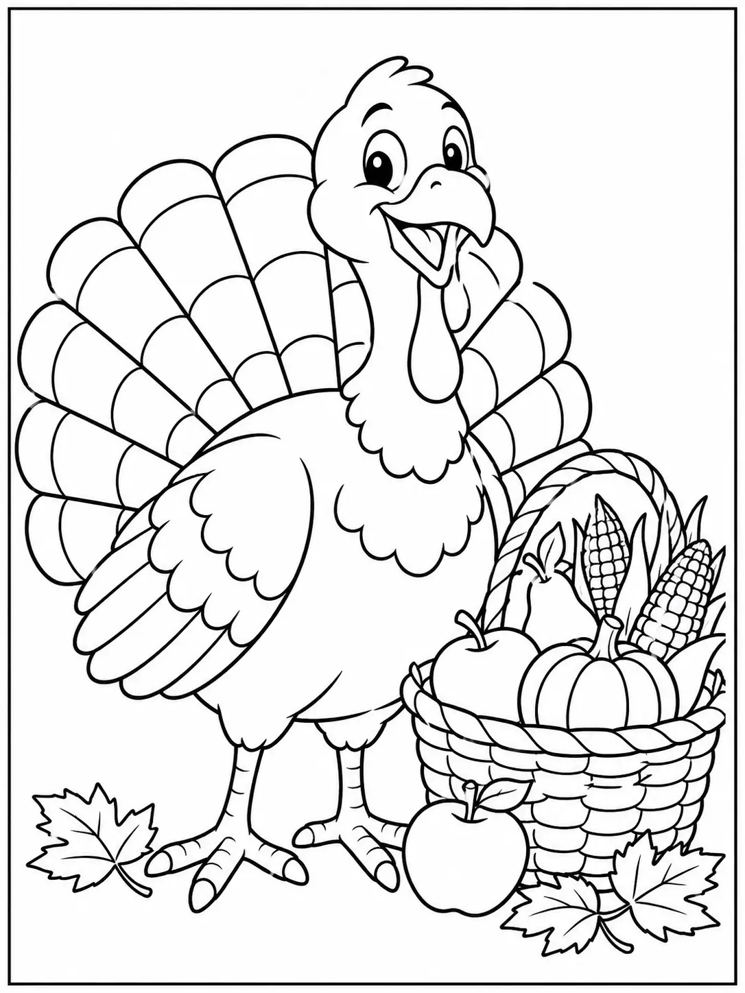 Turkey with harvest basket coloring page