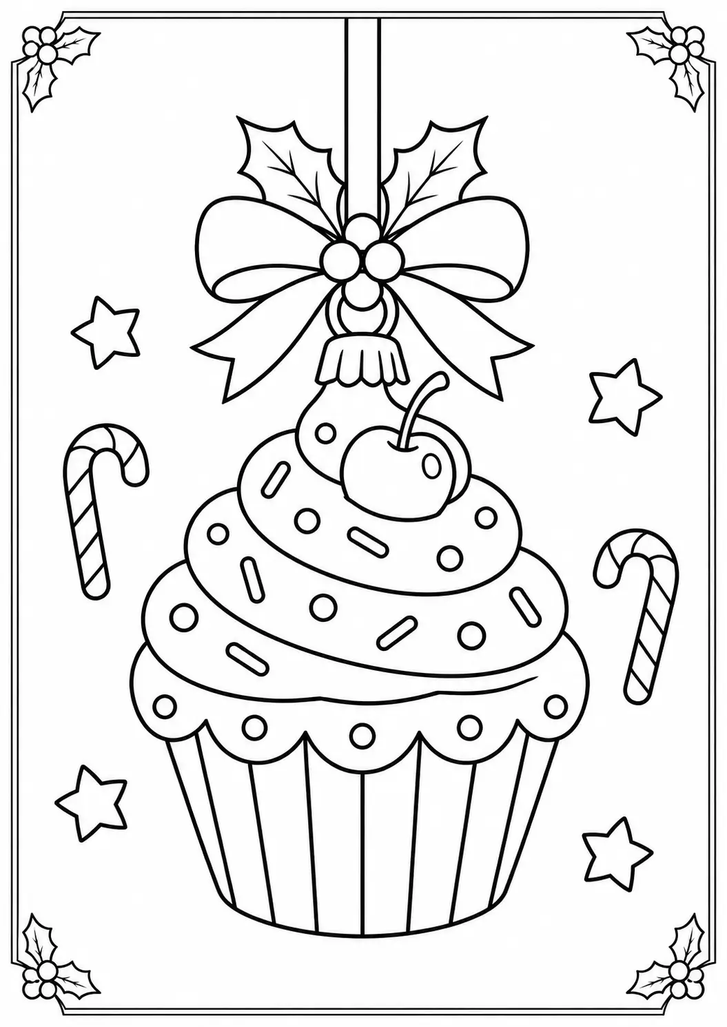 Cupcake Christmas ornament with frosting, cherry and sprinkles coloring page