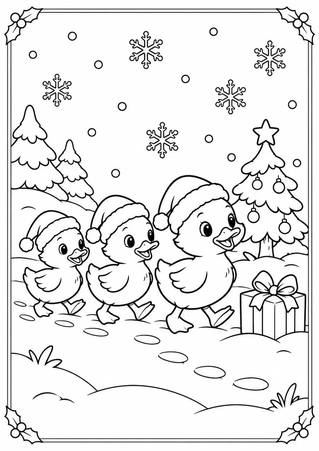 Three ducklings wearing Santa hats walking through snow coloring page