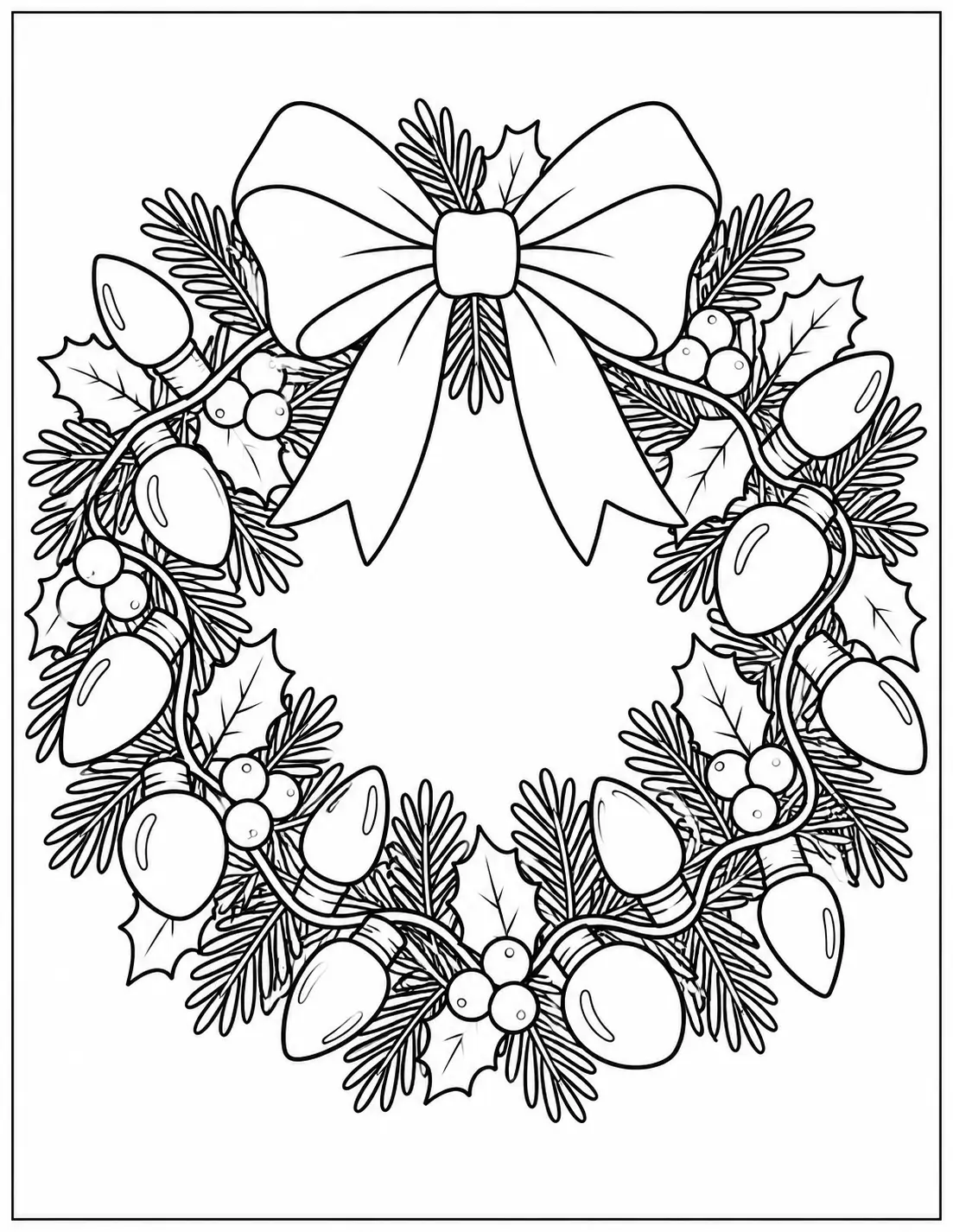 Christmas wreath wrapped in a string of large holiday lights coloring page
