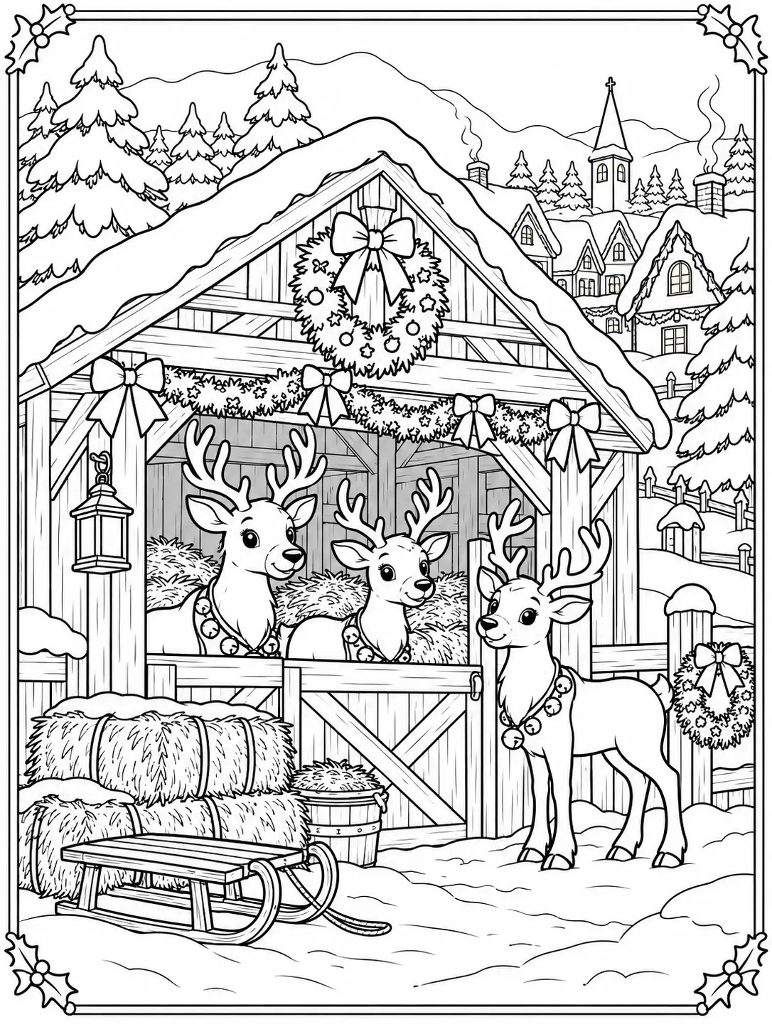 Three friendly reindeer in a decorated Christmas village stable with a wooden sled and hay