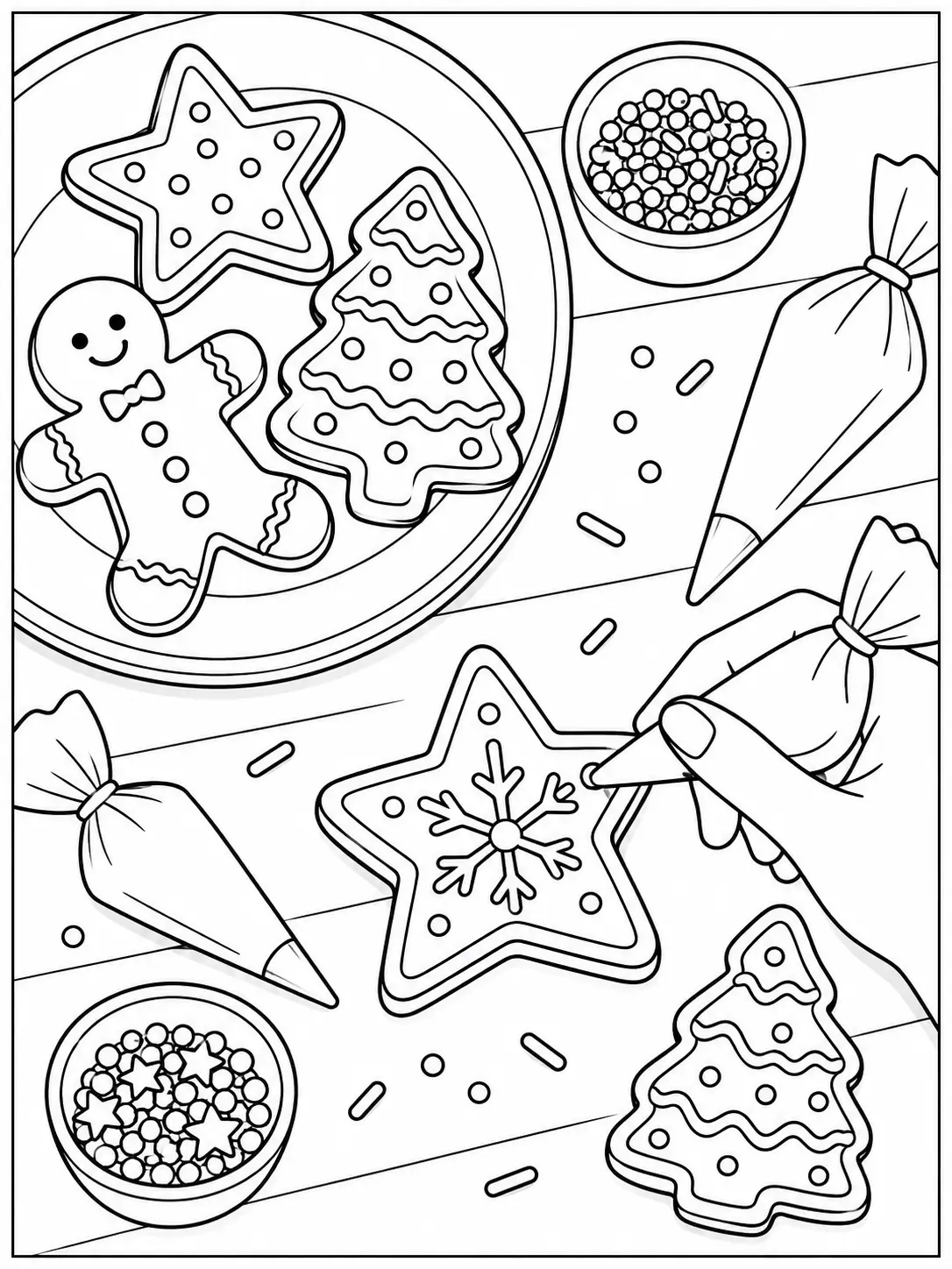 Christmas cookie decorating scene with icing bags and sprinkles coloring page