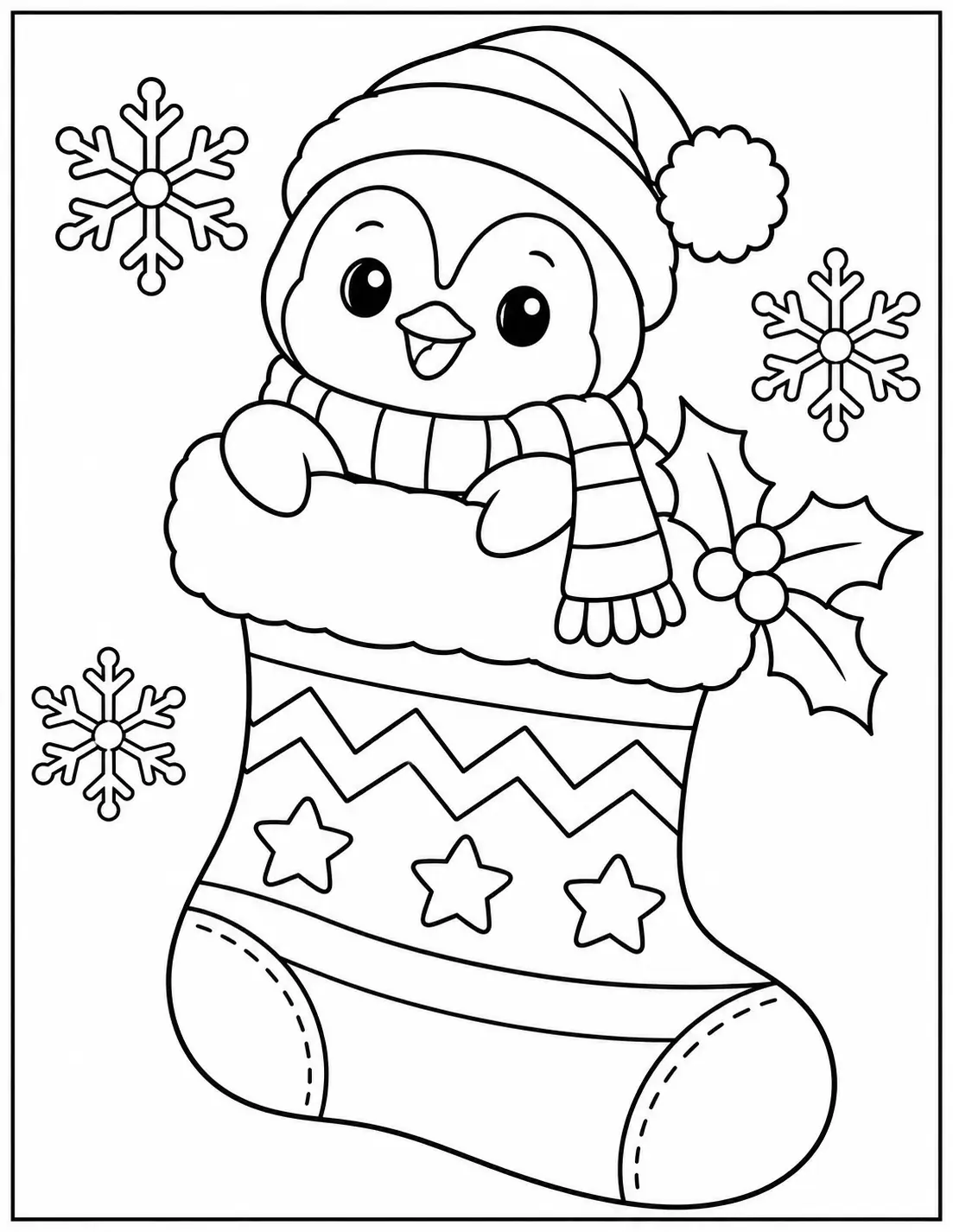 Cute penguin in Santa hat and scarf peeking out of a Christmas stocking coloring page