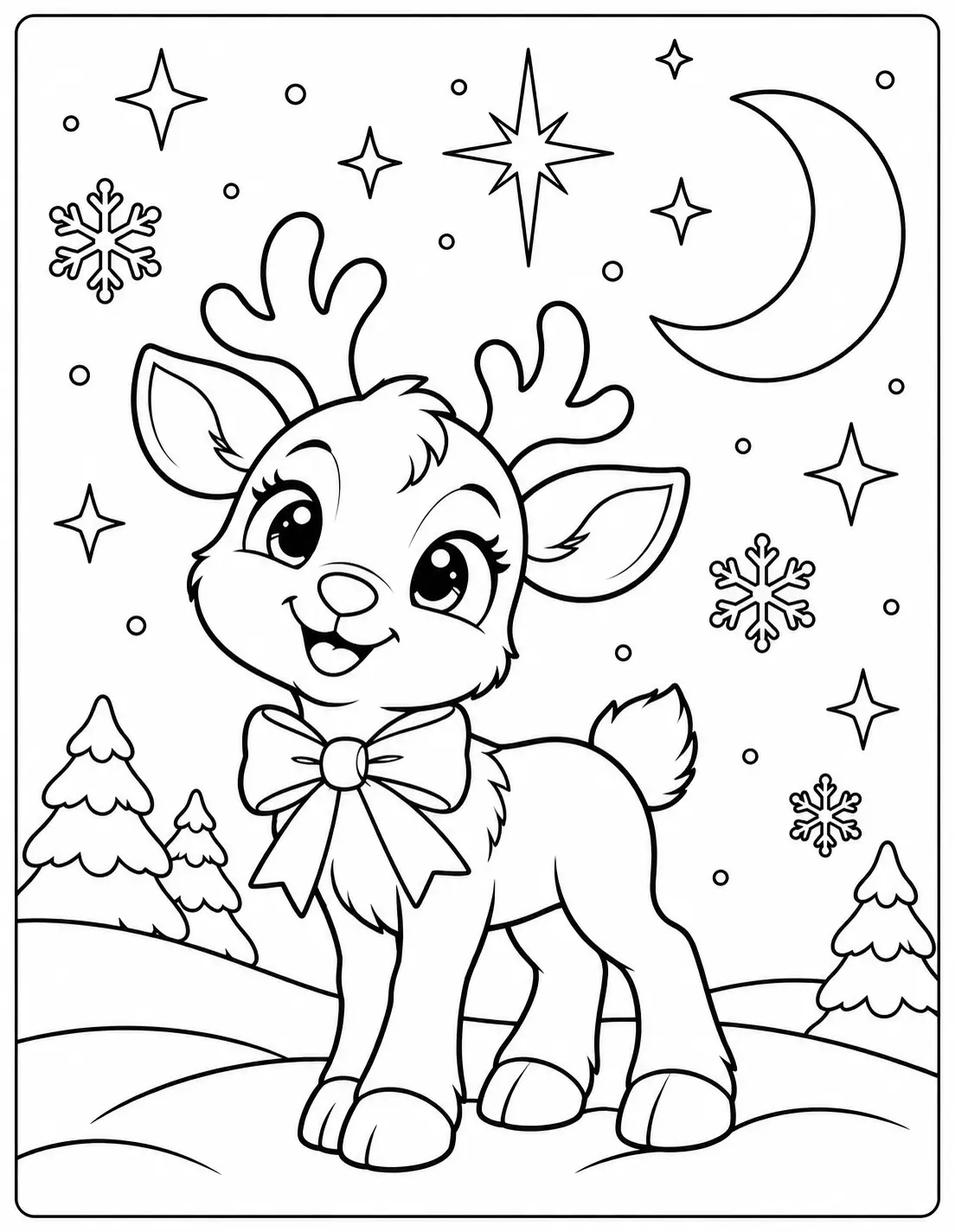 Reindeer standing under a crescent moon and Christmas stars coloring page