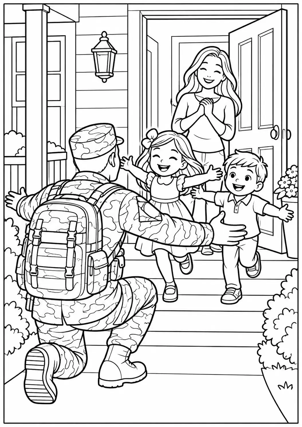 Soldier returning home to family waiting on the porch coloring page