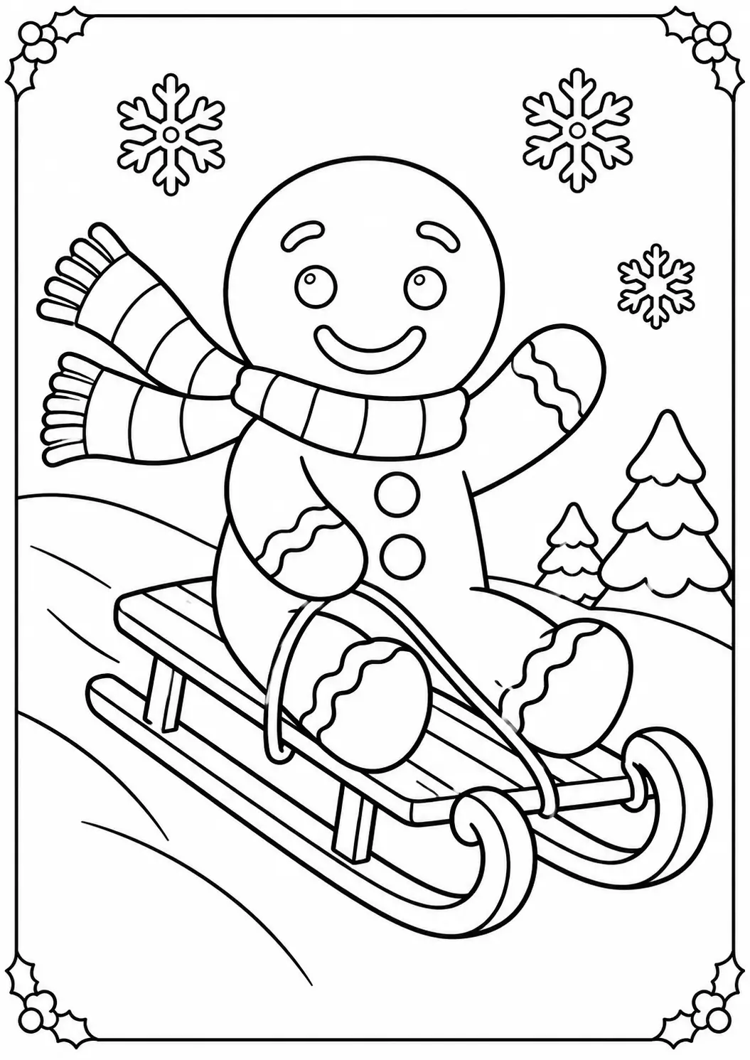 Happy gingerbread cookie on a sled with snowy hills and Christmas trees coloring page