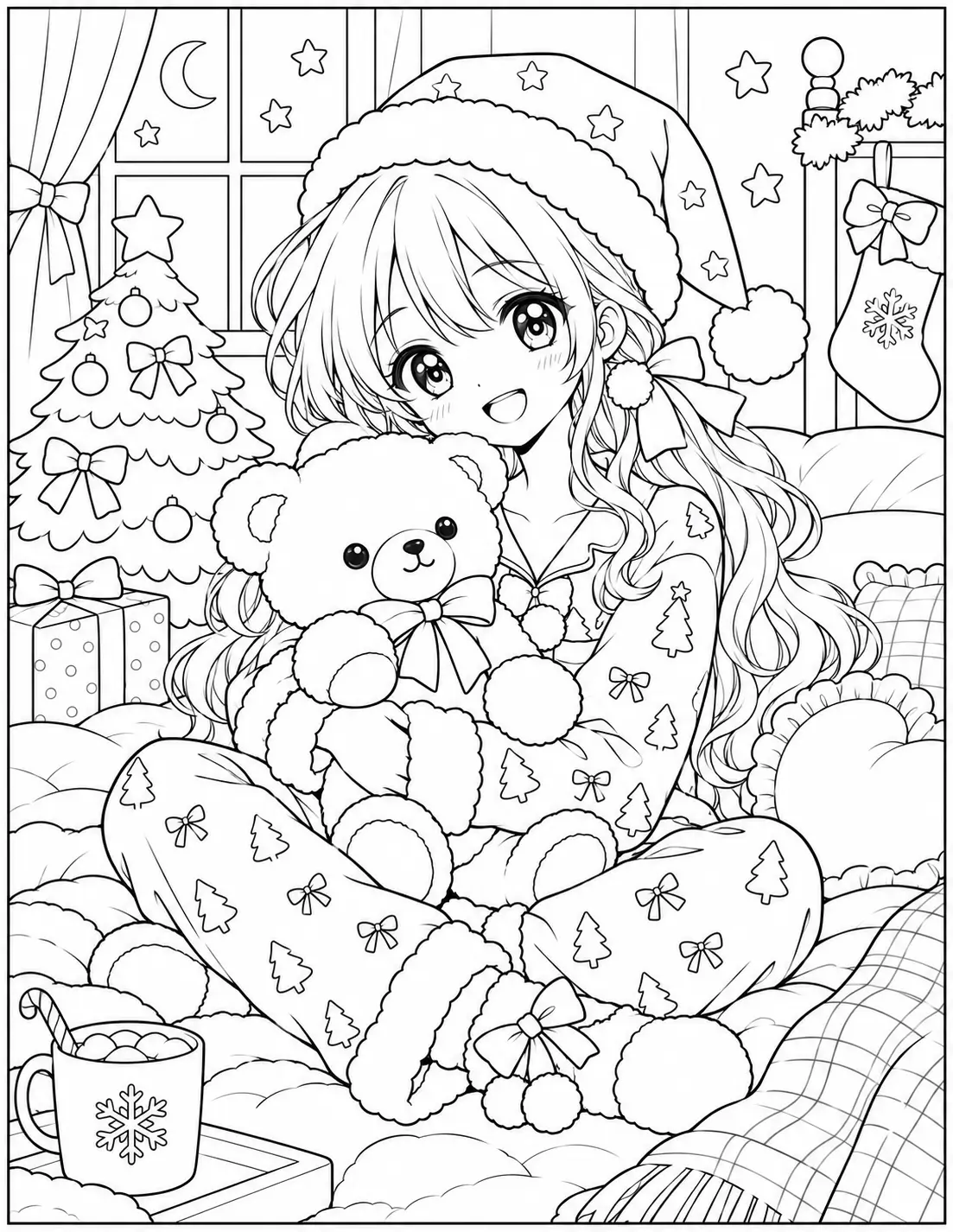 Anime girl in Christmas pajamas hugging a teddy bear coloring page