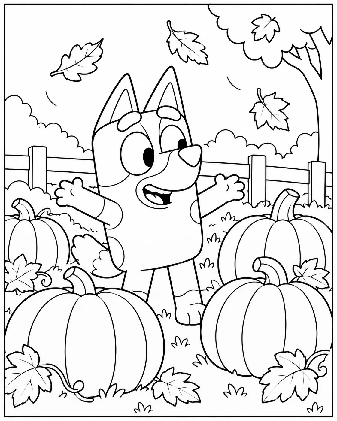 Bluey in a Thanksgiving pumpkin patch coloring page