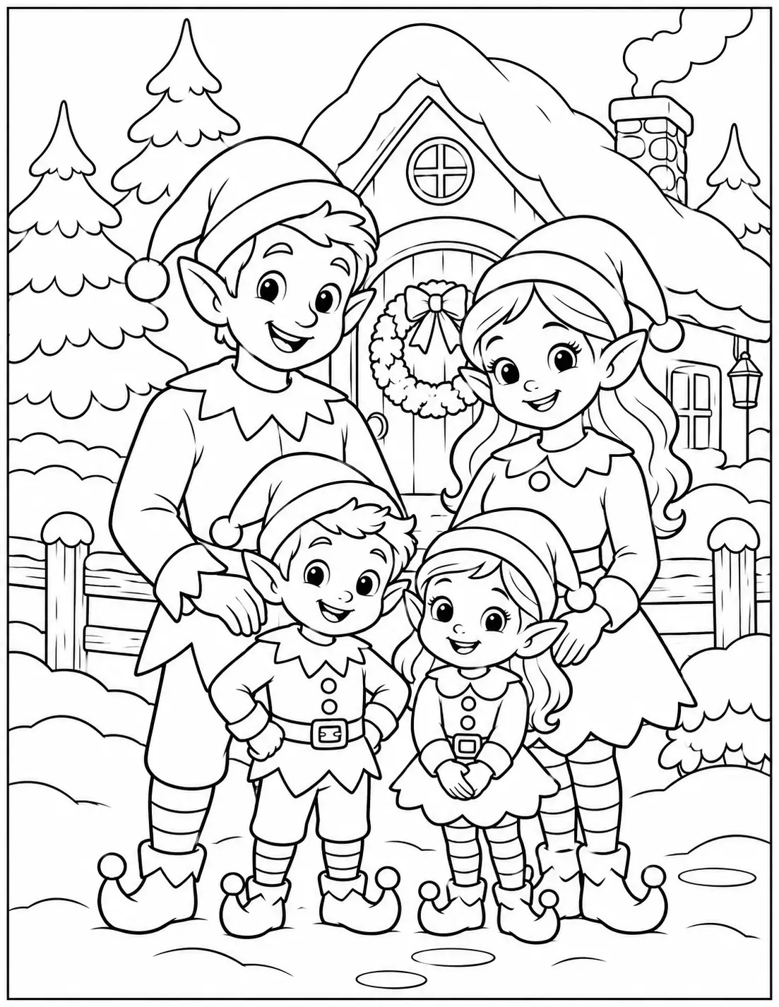 Family of four Christmas elves standing outside a snowy cottage coloring page