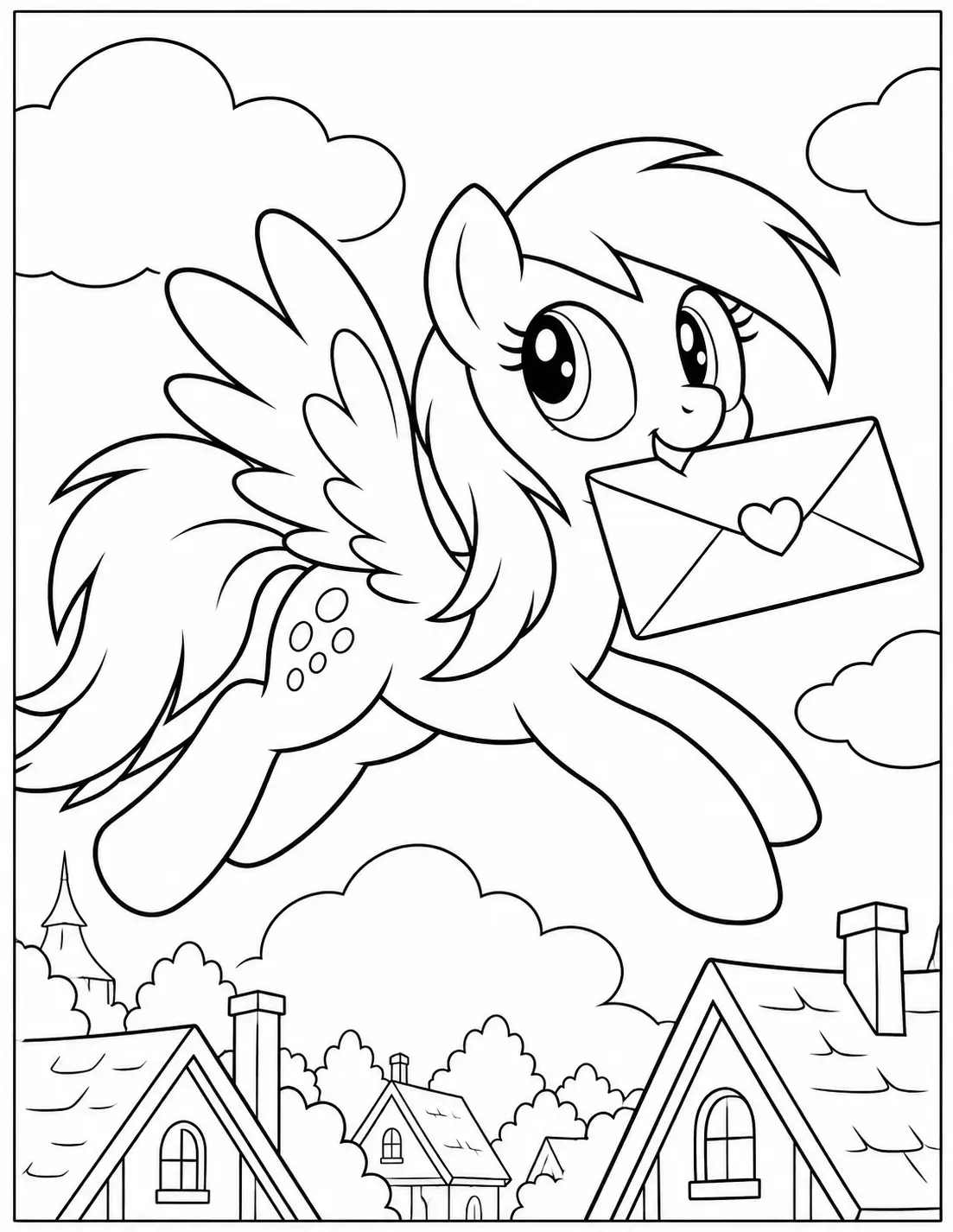 Derpy Hooves flying over houses with a letter coloring page