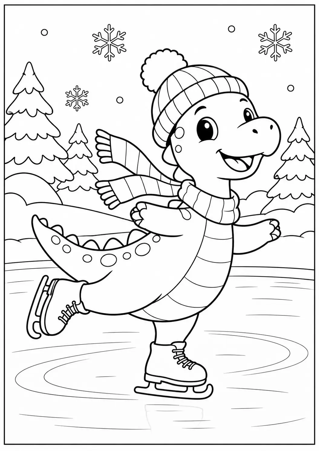 Dinosaur wearing a winter hat and scarf ice skating on a frozen pond coloring page