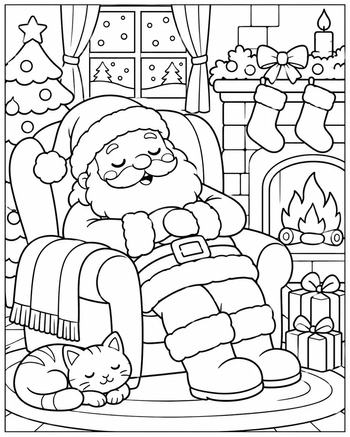 Santa Claus sleeping in a cozy armchair beside a fireplace coloring page