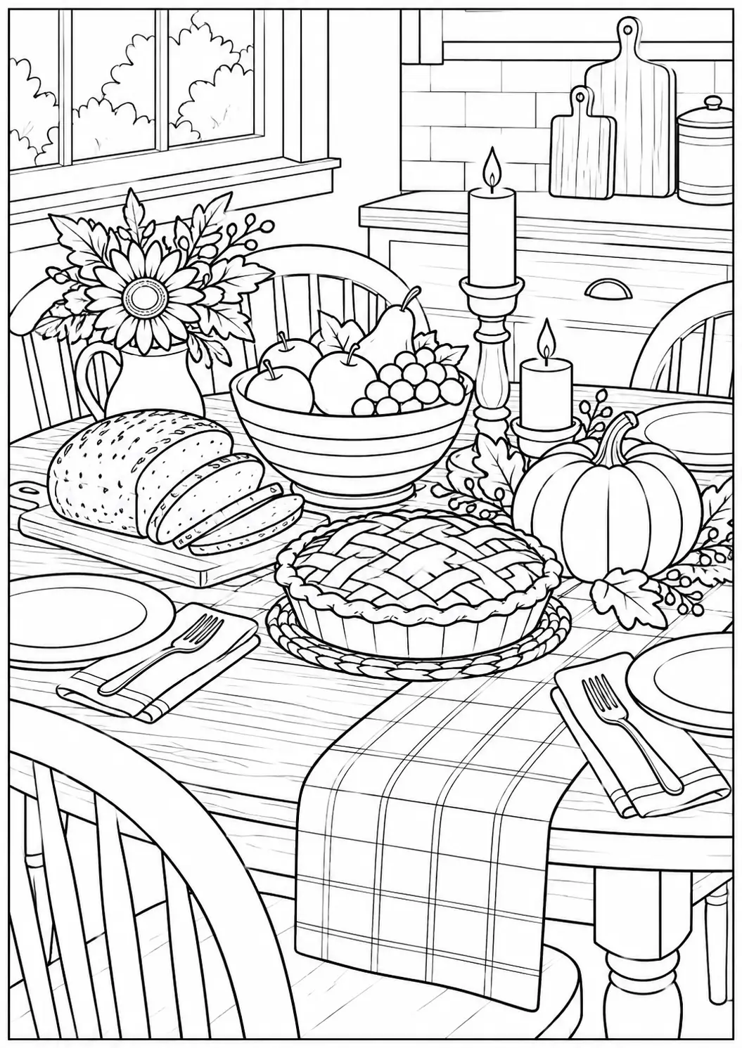 Thanksgiving kitchen table adult coloring page