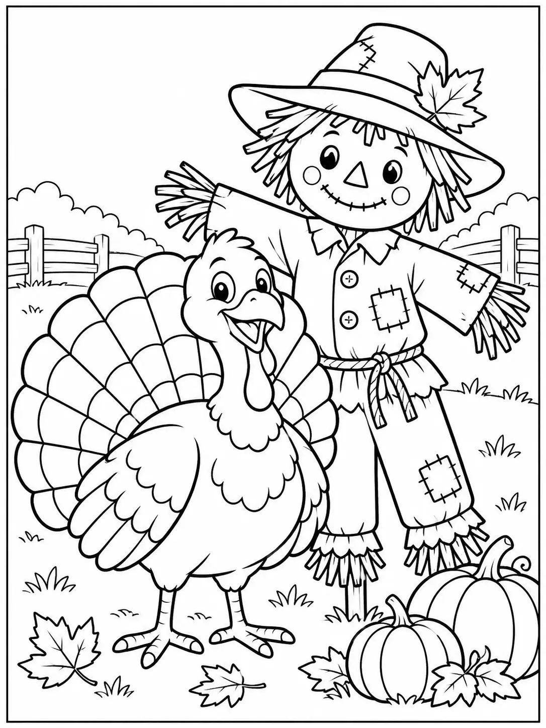 Turkey and scarecrow coloring page