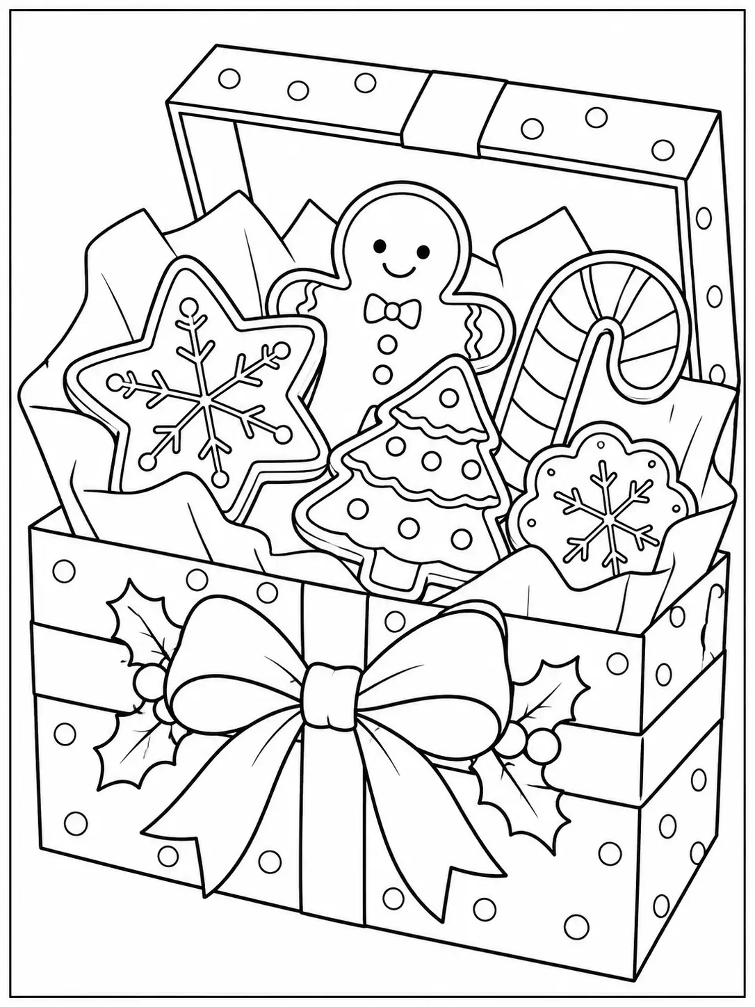 Gift box filled with gingerbread, star and tree cookies coloring page