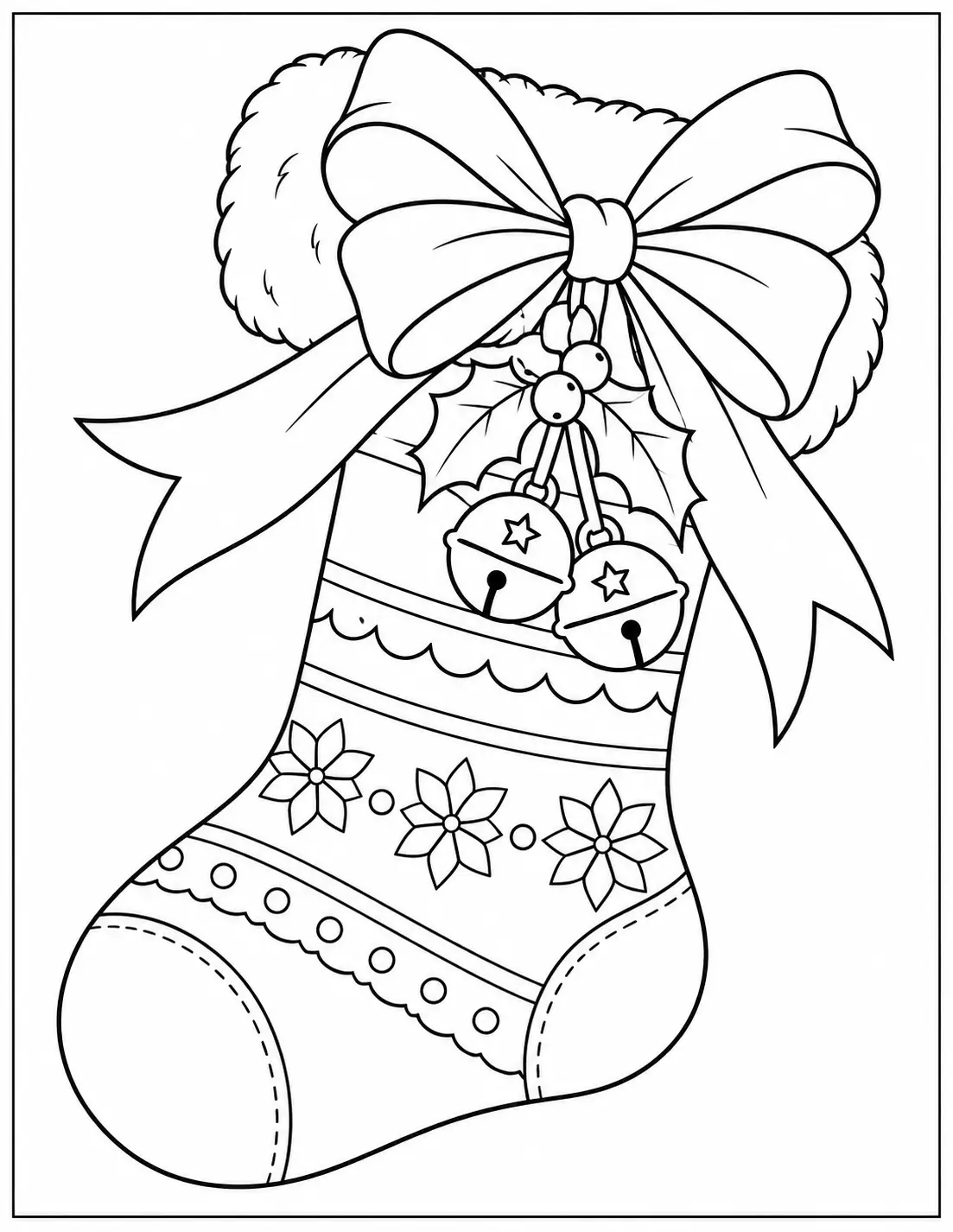 Christmas stocking with large ribbon bow, bells, holly, and floral patterns coloring sheet
